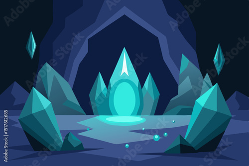 crystal cave with glowing stones and reflections