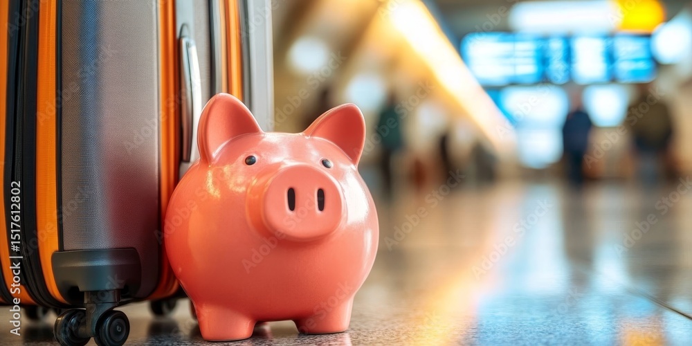 Obraz premium Creative Concept of a Piggy Bank Next to a Suitcase Representing Vacation Savings and Travel Plans