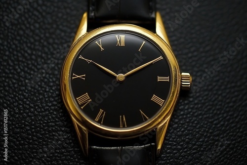 Wallpaper Mural Elegant gold watch with black dial and Roman numerals resting on a textured black surface Torontodigital.ca