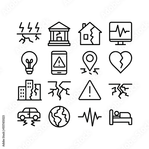 Simple Outline Earthquake Disaster Line Icon Set Concept with Earth and Building