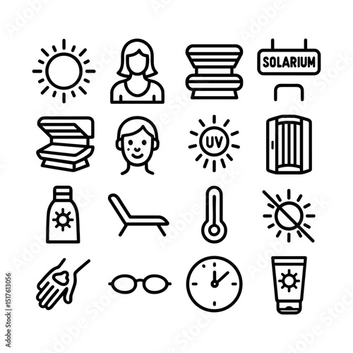 Line Art Solarium Tanning Studio Equipment and Accessories Icon Set