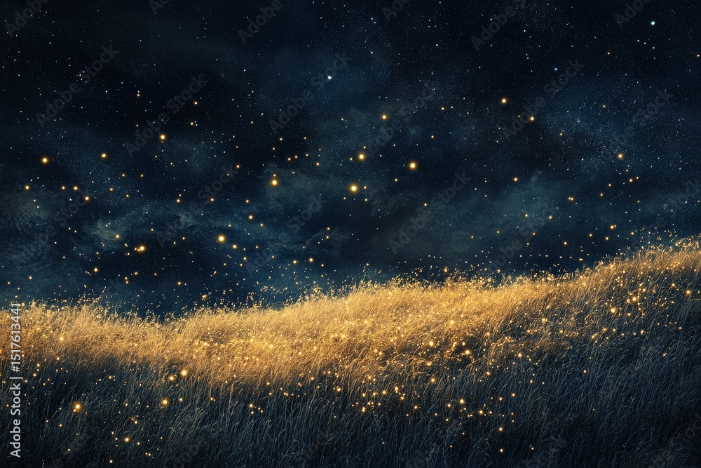 Fototapeta premium Starry night sky above glowing grass field under a tranquil atmosphere in a remote location