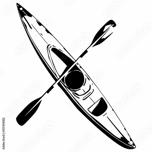 Kayak with paddles in black and white illustration design  