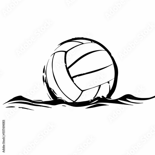 Water polo ball floating on waves in black and white illustration  