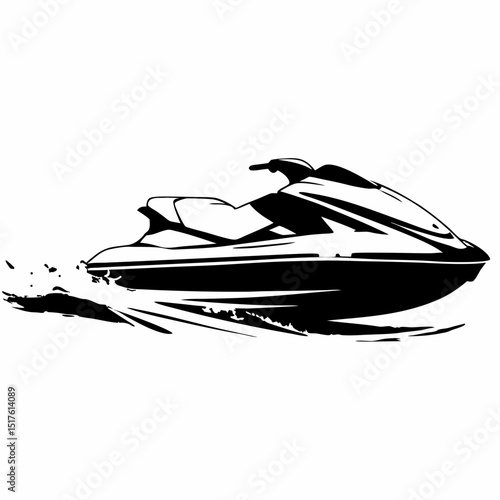 Jet ski silhouette in motion creating waves on water surface  