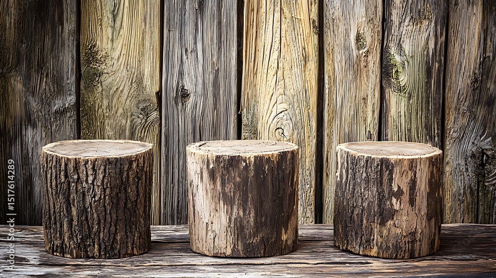 Fototapeta premium Three Rustic Log Stumps Arranged Before a Wood Panel Backdrop