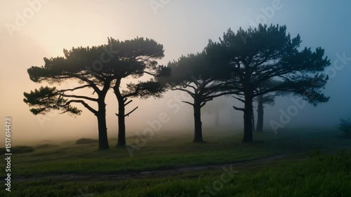 Wallpaper Mural Serene landscape of misty trees at sunrise or sunset, creating a tranquil and atmospheric scene. Ideal for nature, peace, and natural beauty themes. Torontodigital.ca