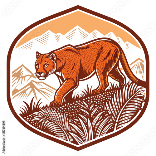 A majestic mountain lion stealthily moves through dense underbrush, depicted on a detailed, realistic wildlife badge.