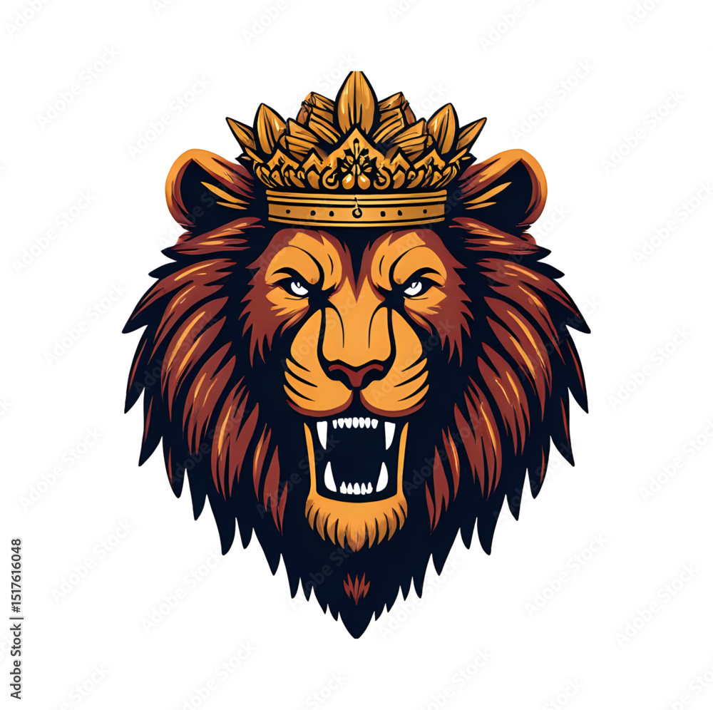 Obraz premium Close-up of a powerful lion's head with an ornate crown, regal and fierce, intricate gold detailing, cinematic lighting, hyperrealistic texture, dark royal atmosphere.