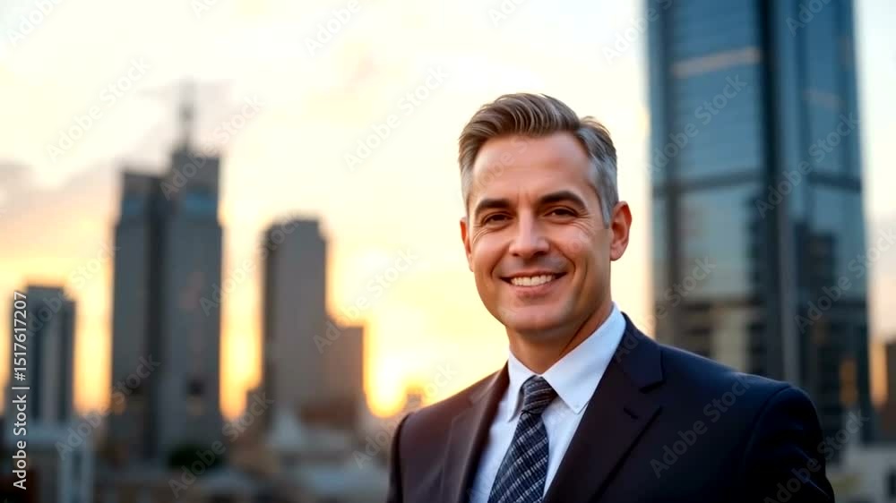 Smiling businessman in suit, city backdrop Smiling businessman in suit, city backdrop