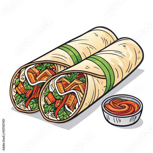 A delicious Malaysian popiah, freshly made, isolated on a pristine white background, showcasing its vibrant ingredients and textures.