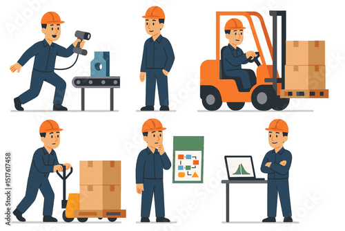  Industrial engineer using 3D scanner conveyor belt forklift pallet jack lean toolkit Six Sigma software vector art