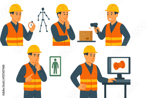 Industrial engineer with stopwatch motion capture barcode RFID ergonomics kit CAD CAM software vector art