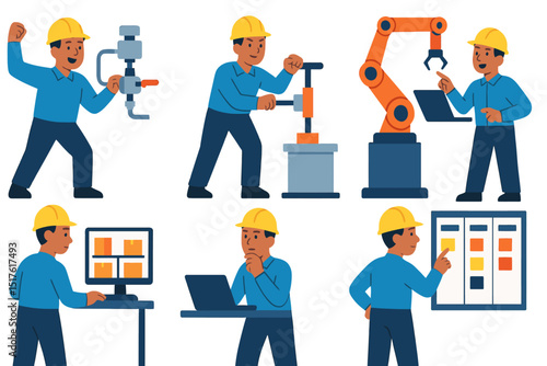  Industrial engineer with pneumatic actuator hydraulic press assembly robot WMS simulation software Kanban board vector art