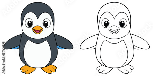 Coloring book cartoon penguin with flippers out and a big smile outline vector illustration