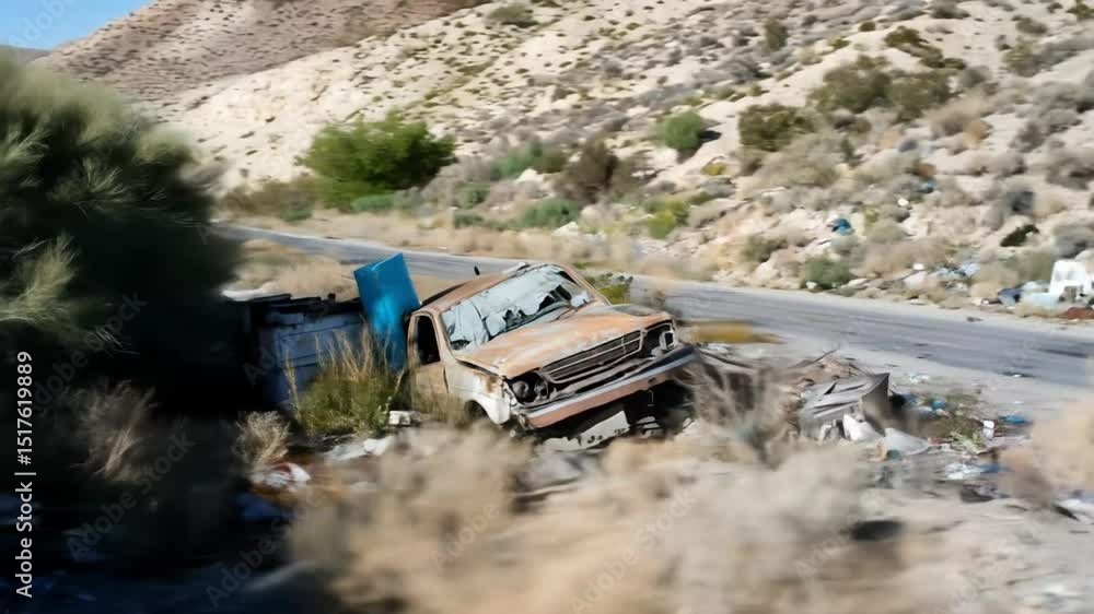 Abandoned vehicle and debris beside a roadside. Trashed, broken down, and littered roadway Abandoned vehicle and debris beside a roadside. Trashed, broken down, and littered roadway