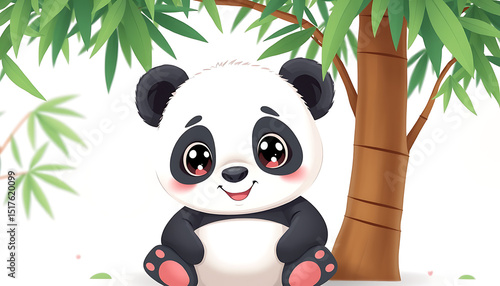 Adorable Cartoon Panda Sitting Beneath Bamboo Trees With Cute Expression