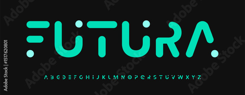 Futuristic rounded cutout alphabet, minimalistic geometric dotted font, soft tech typeface for digital branding, cyber headline style, AI interface typography, electronic UI design. Vector typeset.