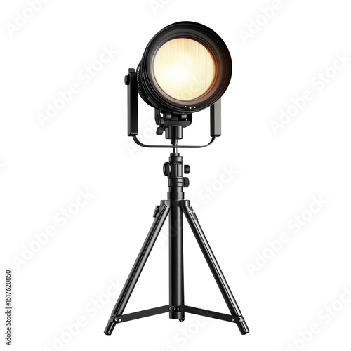 A studio light on a tripod with a bright circular light against a dark black background in a studio setting isolated on transparent background