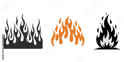Fire icons, Fire icon vector set. Fire flame symbol. Flame icon collection, Cartoon campfire. Fire flames, bright fireball, heat wildfire and red hot bonfire, campfire, red fiery flames isolated.