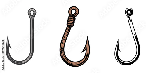 Fish Hook icon illustration flat, Fishing hook isolated on a white background. Color line art, Fishing hook logo vector icon illustration, Fishing hooks in the set. Hooks for peaceful fish, Set.