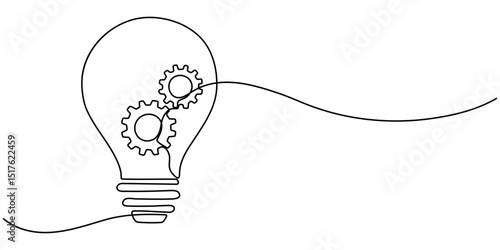 Continuous one single line drawing innovation Light bulb and gears inside icon vector illustration concept, One single line drawing of lightbulb with metal gear wheel inside for machine company logo.