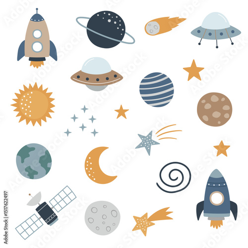 Collection of space elements on flat design