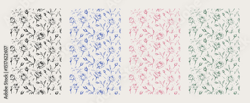 Seamless patterns with hand drawn brush stroke flowers on the isolated background. Black, blue, pink and green roses, brush texture  style, vector elements
