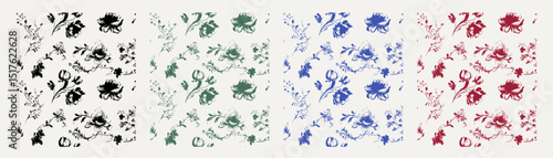 Seamless patterns with hand drawn brush stroke flowers on the isolated background. Black, blue, pink and green leaves, brush texture  style, vector elements
