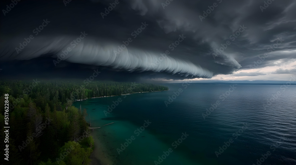 Naklejka premium Dramatic Storm Clouds Over Lake and Forest