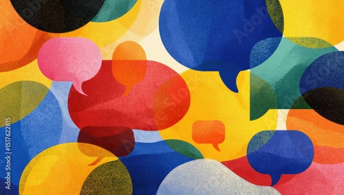 An abstract image featuring overlapping speech bubbles in various vibrant colors and shapes, creating a sense of lively conversation and communication