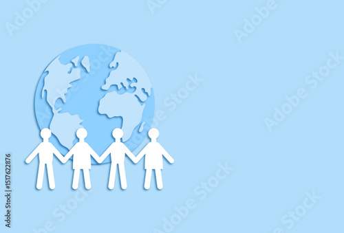 People holding hands in front of earth paper art illustration. Concept unity among people with copy space. The world population day.