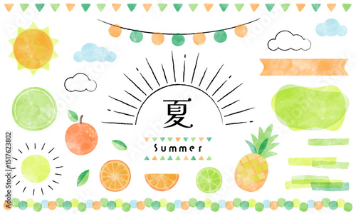 Summer frame-16 夏のあしらいセット。トロピカルなフルーツの装飾。水彩の装飾セット。