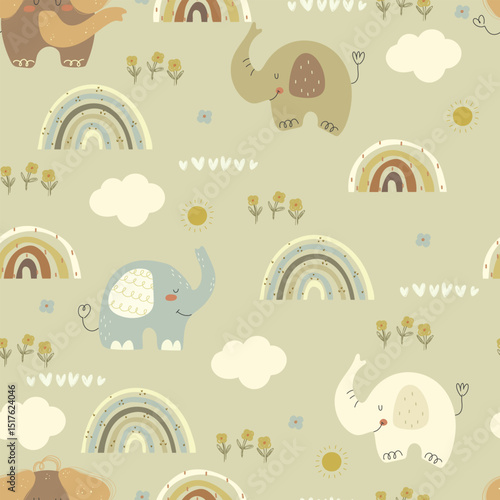 Pattern with cartoon elephants, flowers, clouds and rainbows. Vector illustration with hand drawn animals and rainbows. 