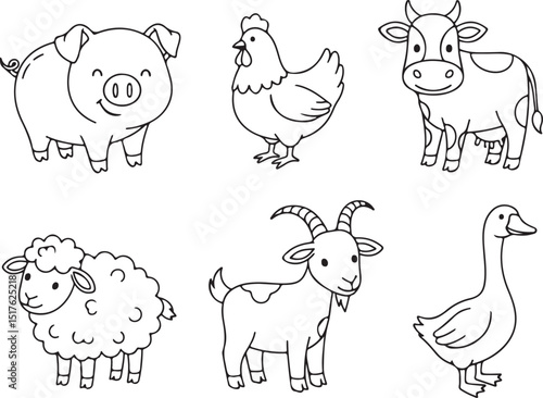 vector cute Farm animals like pork, hen, cow, sheep, goat and goose hand drawn vector outline icons