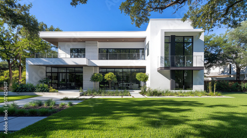 A modern two-story house with a sleek white exterior. Clean lines, large windows, and a minimalist architectural style define the structure.