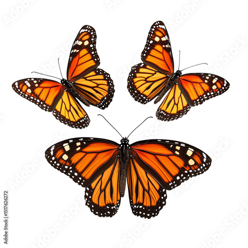Three monarch butterflies with orange and black wings isolated against a black background image design isolated on transparent background