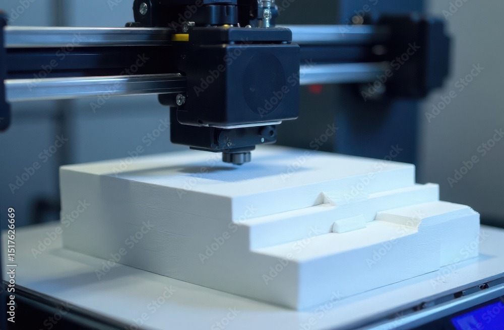 Modern 3d printer crafting detailed white geometric structure in workshop setting Modern 3d printer crafting detailed white geometric structure in workshop setting