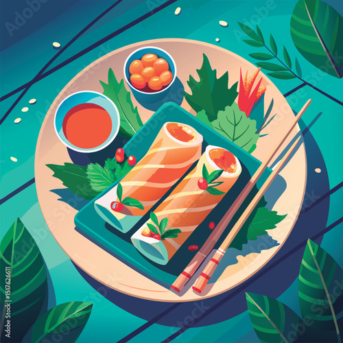Delicious spring rolls with dipping sauce.