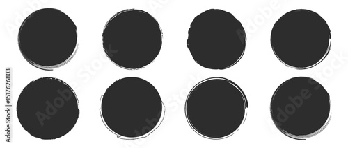 Set of round ink splatter frames, Vector grunge paint brushes in circle shape, Vector elements isolated on white. Vector illustration.