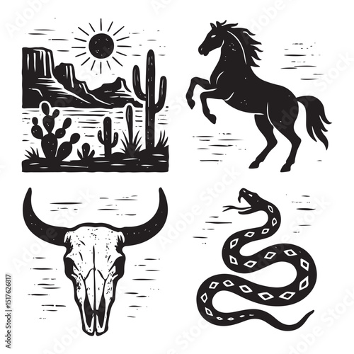  Linocut western boho set vector, Texas desert engraving print collection, vector canyon wildlife, cactus. 
Texture grunge Arizona rodeo graphics, bull, horse, snake, skull silhouette.