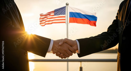 Wallpaper Mural USA and Russia people shake hands in front of waving national flags at sunrise. Concept of agreement and hope in politics and bureaucracy. Torontodigital.ca