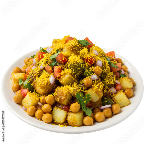 Spicy Potato and Chickpea Chaat: Indian Street Food Recipe Inspiration - Delicious Vegetarian Dish on transparent background