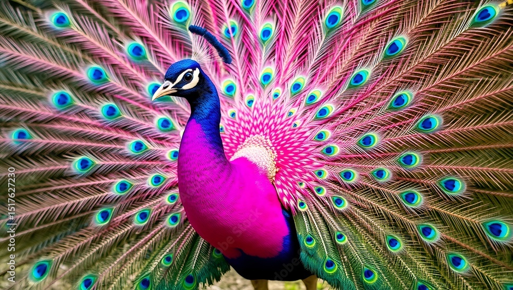 Fototapeta premium Vibrant portrait of a peacock displaying its stunning iridescent plumage in shades of pink and teal.
