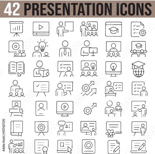 Business and College Presentation Icons Set. Editable Stroke, Seminar, Conference, Trade Show, Team Building, Coaching, Solid Icons Collection, Keynote, Illustration