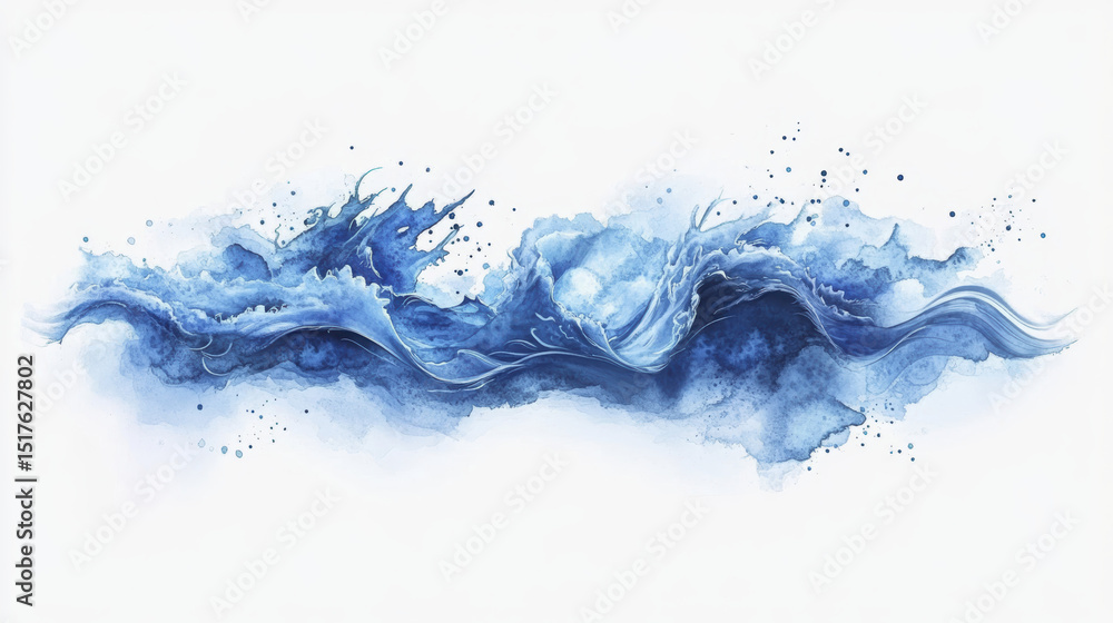 Obraz premium Turbulent azure waves cascade in watercolor style, showcasing a captivating ocean motion with transparent background