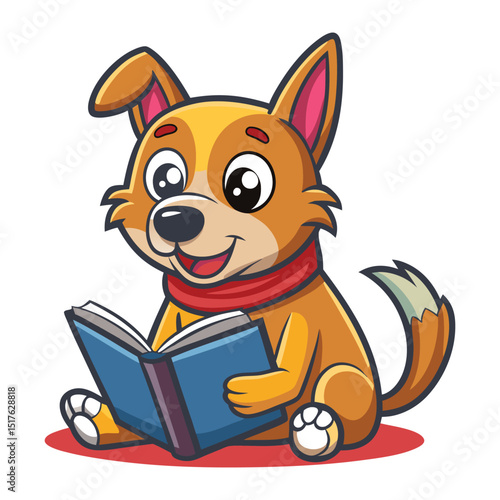 Adorable cartoon dog reading a book smiling while sitting isolated on white background