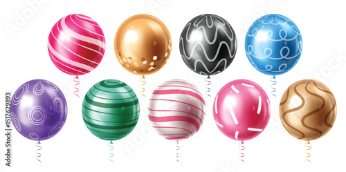 Balloons printed metallic clipart set. Colorful printed pattern balloons clip art elements collection latex, glossy and shiny object for any occasion vector illustration.