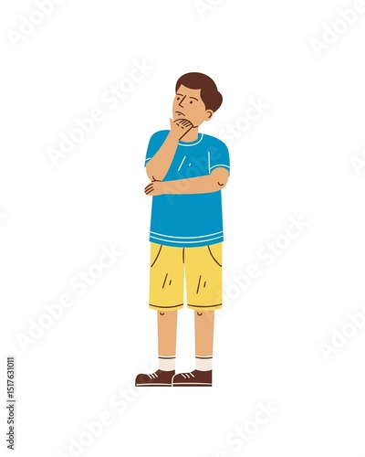 Young Boy Thinking with Hand on Chin in Thoughtful Pose