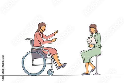 Continuous one line drawing job interview for people with disabilities. Disabled woman sitting in wheelchair, accepting hired contract with female employer. Job interviews. Single line design vector